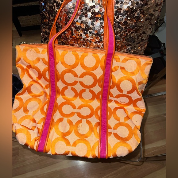 COACH OP ART POPPY GLAM ORANGE PINK TOTE BAG  shoulder - Picture 2 of 3